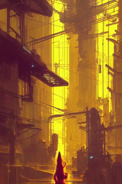 Image similar to yellow cat inside a synth wave city, highly detailed, digital painting, artstation, concept art, sharp focus, illustration, art by greg rutkowski and alphonse mucha