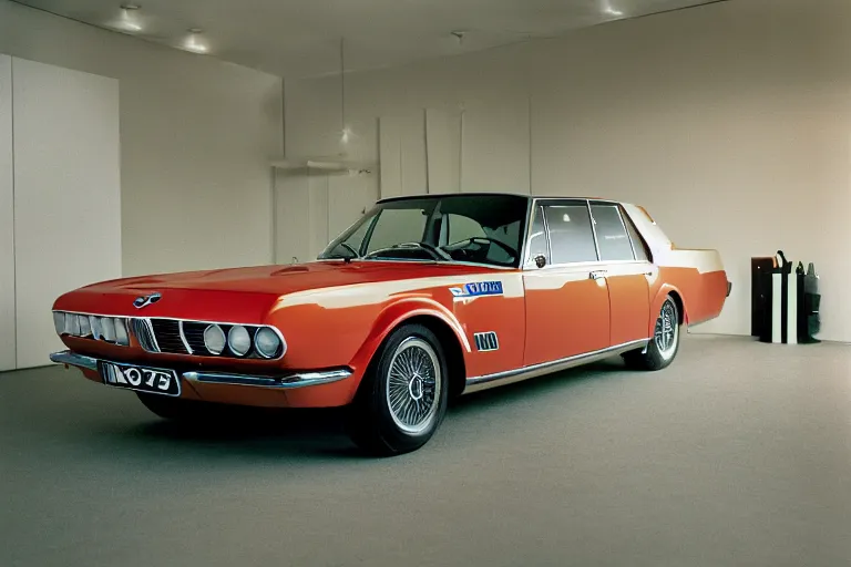 Prompt: single Formula 1, 1964 BMW M1 Lincoln Continental, inside of a minimalist Tokyo garage, ektachrome photograph, volumetric lighting, f8 aperture, cinematic Eastman 5384 film