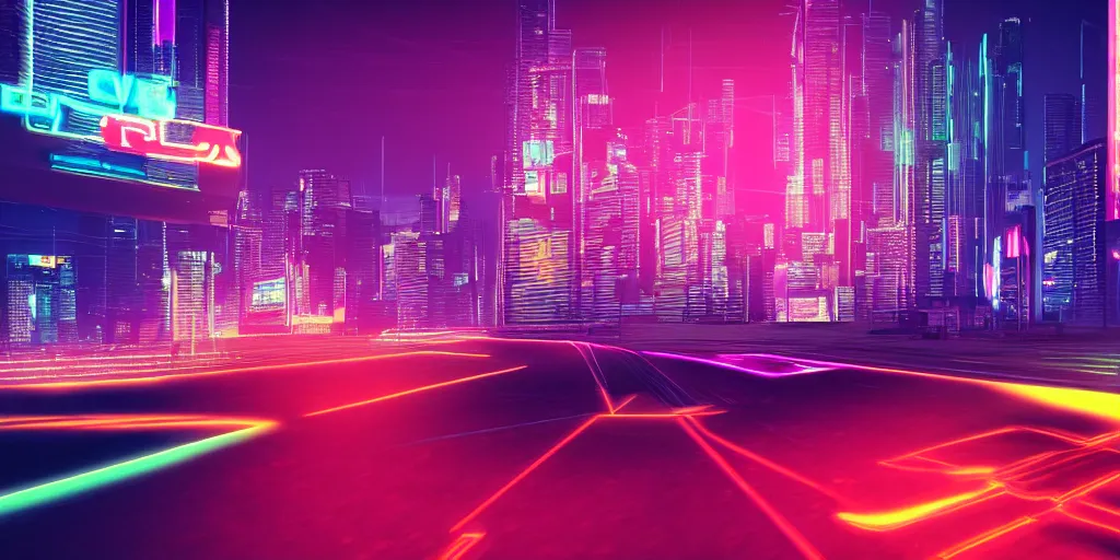 Image similar to cyberpunk car synthwave neon lights driving fast with city visible in the background, the road extends out towards the horizon, 3d render