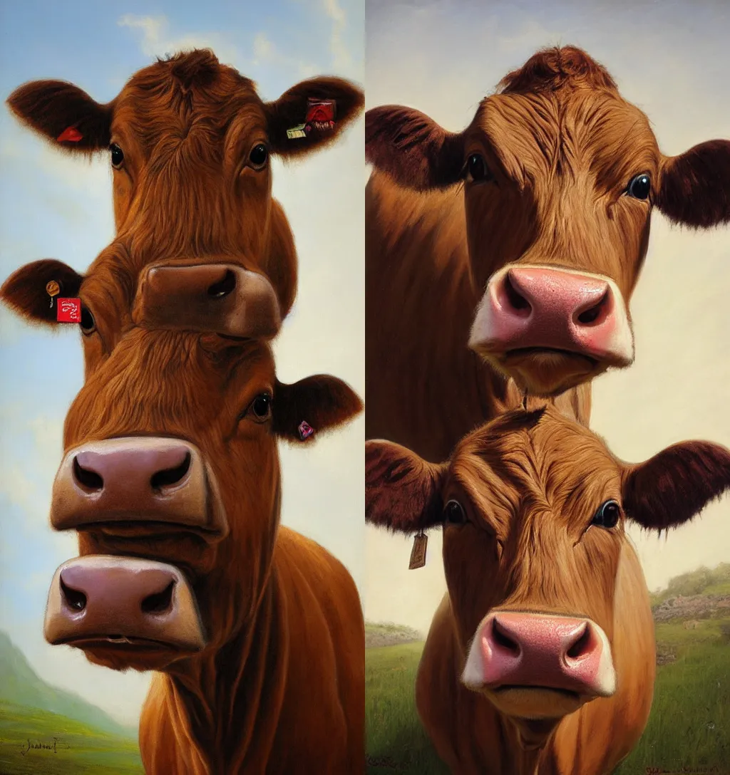 Prompt: portrait of a cow by Justin Gerard ,