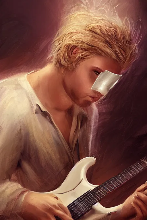 Image similar to blonde wild hair boy playing fender stratocaster, eye - patch, close - up portrait, plain white tshirt, powerfull, intricate, elegant, volumetric lighting, scenery, digital painting, highly detailed, artstation, sharp focus, illustration, concept art, steve mccurry