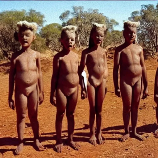 Image similar to secret photos of a cult in central australia. everyone must not wear pants, only tops, all their hair is shaved off but bears are aloud. you must carry a vegetable at all times. very creepy photos of this strange cult in the year 1 9 9 7