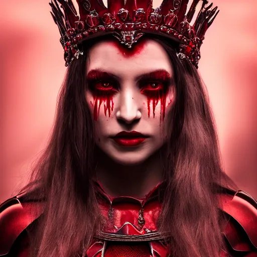 Image similar to the blood crown queen wear the scarlet armor, cinematic lighting, various refining methods, micro macro autofocus, ultra definition, award winning photo