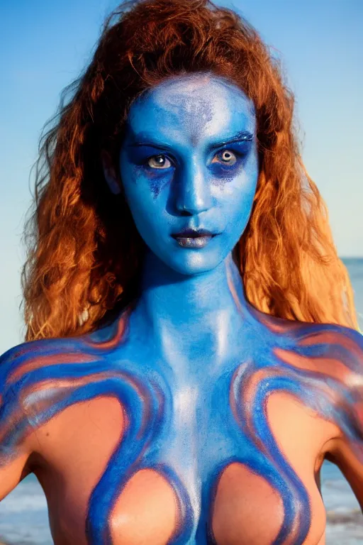 Image similar to a young italian woman dressed as a blue-skinned triton from DND standing on a beach, blue body paint, high resolution film still, 8k, HDR colors, cosplay, outdoor lighting, high resolution photograph, photo by bruce weber, beautiful symmetric face