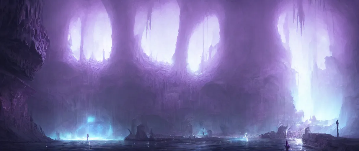 Prompt: digital painting of a underground lake, purple, style of demons souls, concept art, low angle, high detail, warm lighting, volumetric, godrays, vivid, beautiful, trending on artstation, by Jordan grimmer, no focus, huge scene, clear water