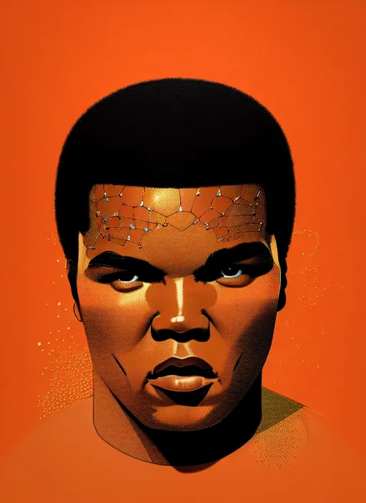 Prompt: portrait of muhammad ali, artstation winner by victo ngai, kilian eng and by jake parker, by conrad roset, black and orange color lines, winning award masterpiece, fantastically gaudy, aesthetic octane render, 8 k hd resolution