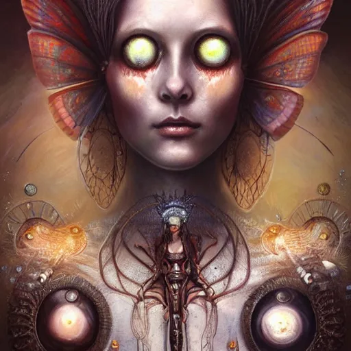 Image similar to realistic illustration of a beautiful rusted mechanical faerie queen with glowing eyes, moth wings with geometric patterns, reflective detailed textures, highly detailed dark fantasy science fiction painting by tom bagshaw and diego rivera and jean delville, silver and cool colors, artstation