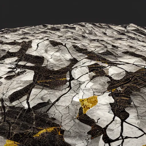 Image similar to highly detailed!! marble and black gold landscape shot from sentinel and landsat, highly detailed and ornated, 8 k, photorealistic, octane render, drone view