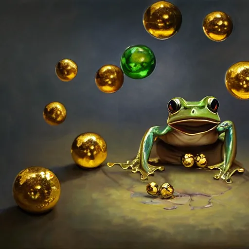 Prompt: long shot of a cute frog playing with golden metal balls, by esao andrews, by m. w. kaluta, by pixar, volumetric light, rich colors, very humorous oil painting, realistic reflections, smooth, concept art, depth perception, high depth of field, 4 k, unreal engine 5, ultradetailed, hyperrealistic, artstation