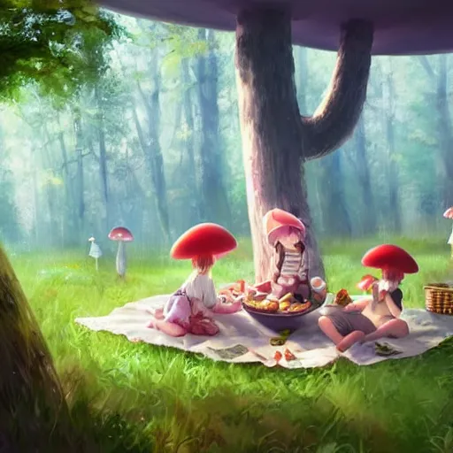 Prompt: a cute picnic in a mushroom forest. soft lighting, cgsociety masterpiece, artstation trending, studio ghibli, 4k, digital art, concept art