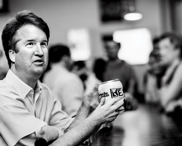 Prompt: photo of brett kavanaugh staring longingly at a can of beer, 3 5 mm f / 2. 8