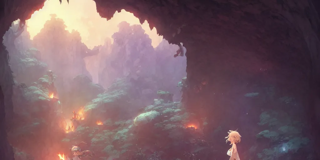 Prompt: the girl and the cave. anime, fantasy, smooth. torches, dark. by hayao miyazaki and rossdraws and artgerm and chie yoshii and detmold and greg rutkowski and alphonse mucha. artstation. high quality, stunning, intricate detailed environment. 8 k