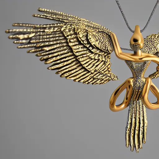 Image similar to 3 d silver and gold 2 tone necklace, on box chain, pendant is androgynous anatomical angel with 6 wings covered in eyes in a flying pose with 5 fingered hands on each side in a pose, casted in both silver and gold, high quality render, jewelry photography, octane render, studio lighting, ray traced