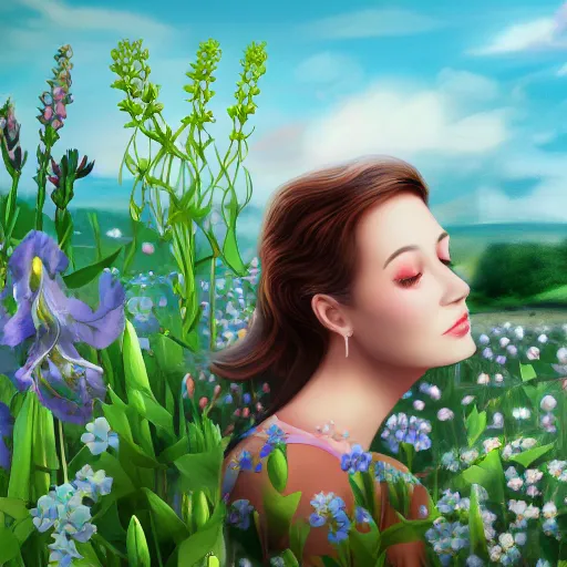 Image similar to a picture of a dreaming woman with flowers grow out of hair, roses peonies forget-me-nots dahlias lupins gladioli, sky theme in background, Digital Art, Trending on artstation