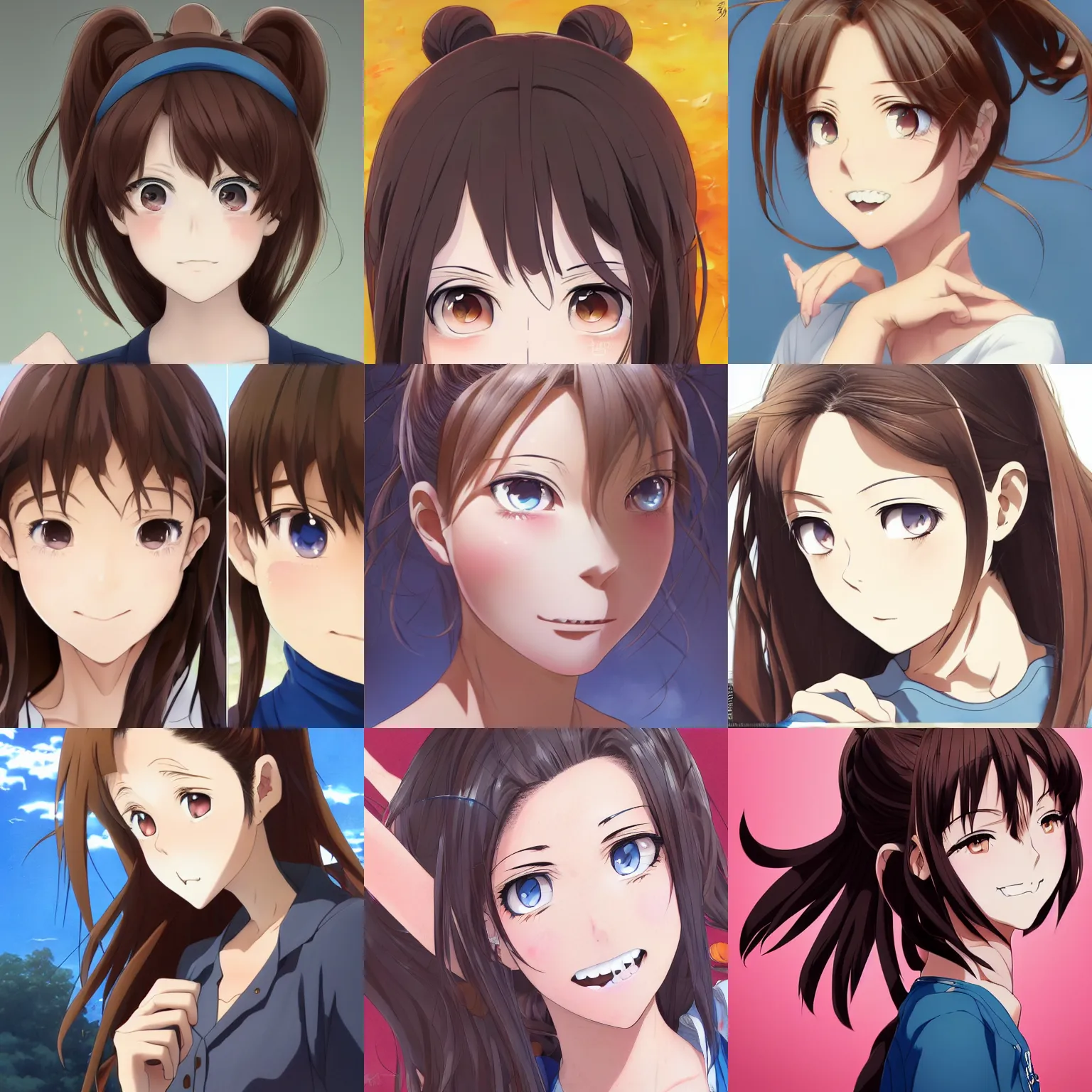 Prompt: An anime portrait of a happy woman with brown hair, a short ponytail, a part in her hair, with bright blue eyes, open mouth, a big forehead, and large eyebrows, without glasses, medium shot portrait, by Stanley Artgerm Lau, WLOP, Rossdraws, James Jean, Andrei Riabovitchev, Marc Simonetti, and Sakimi chan, trending on artstation