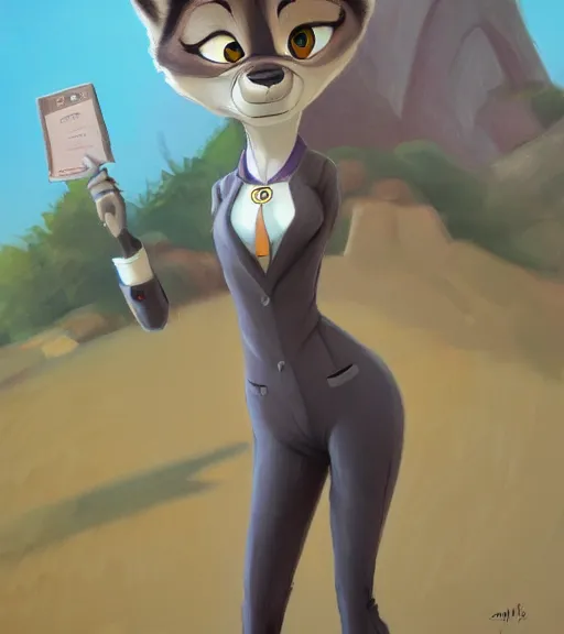 Image similar to oil painting of full body of anthromorphic female wolf, in style of zootopia, zootopia, zootopia, fursona, furry, furaffinity, 4 k, deviantart, furry art, fursona art, wearing black business suit, business suit, in style of zootopia, wolf fursona, cyberpunk, female, expressive detailed feminine face,