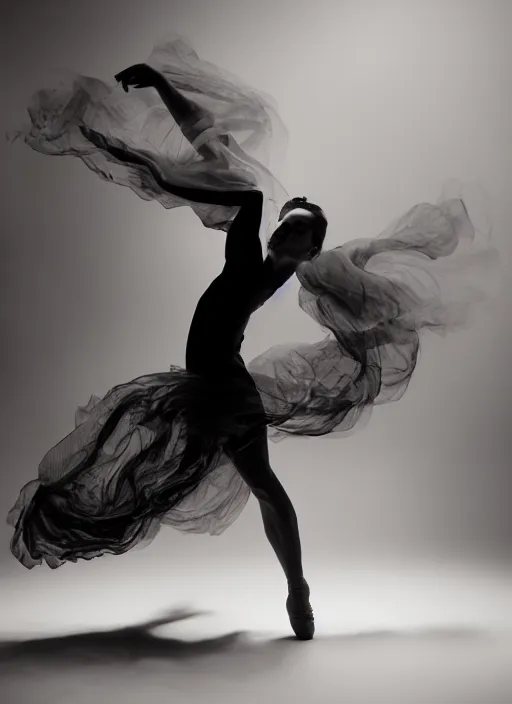 Image similar to a Photorealistic dramatic hyperrealistic render of a glamorous beautiful Female smoke dancer by Ken Brower and Deborah Ory of NYC Dance project,Lois Greenfield,Flowing cloth and smoke,Beautiful dynamic dramatic dark moody lighting,volumetric,shadows,cinematic atmosphere,Octane render,8K