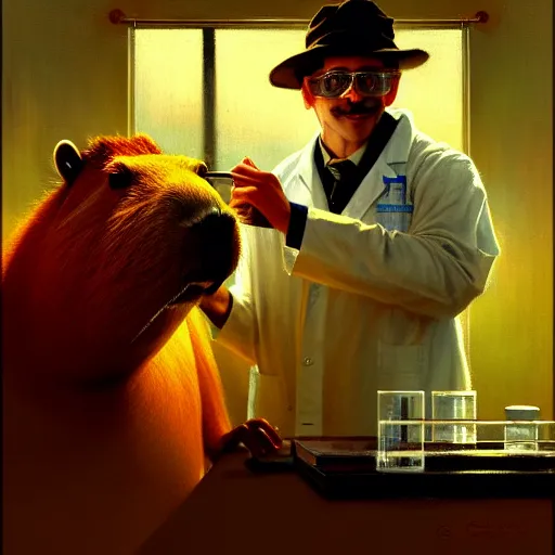 Image similar to portrait of a proud old capybara doctor working in a chemical lab, artwork by gaston bussiere, craig mullins, trending on artstation, capybara dressed as a scientist