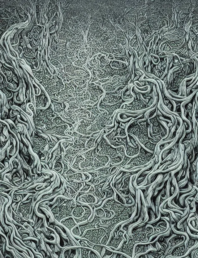 Image similar to an ancient tree with gnarled roots on a hill and rivulets of water running down in a maze by james jean and pascal blanche, labyrinthine, recursive, flowing, mystical