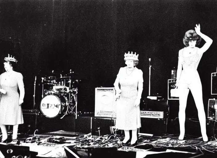 Prompt: publicity photo still of queen elizabeth in a death metal band playing live on stage, 8 k, live concert lighting, mid shot