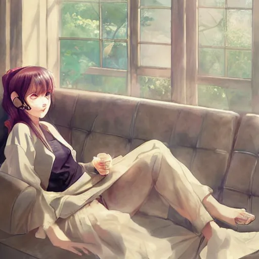 Prompt: girl sits on the sofa and listens to music, the sun shines through the window, highly detailed, 8 k, pixiv, in style of kyoto animation, art by artgerm and cushart krenz