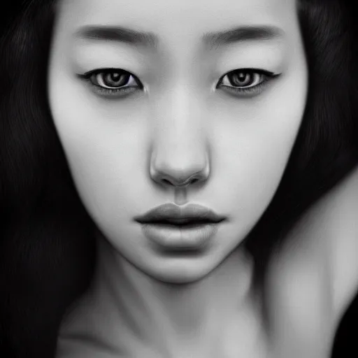 Prompt: a black and white photo of a woman's face, a hyperrealistic painting by sim sa - jeong, cg society contest winner, hyperrealism, hyper realism, ethereal, deviantart