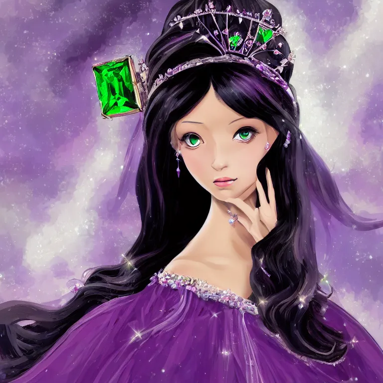 Image similar to Oil painting of a princess wearing a lavanda color dress, and a tiara with emeralds, long and straight black hair, digital art, 4k, anime style