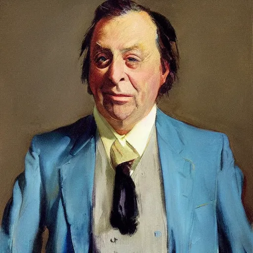 Prompt: “portrait of Barry humphries’ character sir les Patterson, in stained powder blue site and wide silk tie, by John singer Sargent”