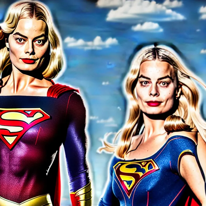 Image similar to full length portrait photograph of a margot robbie as supergirl. Extremely detailed. 8k