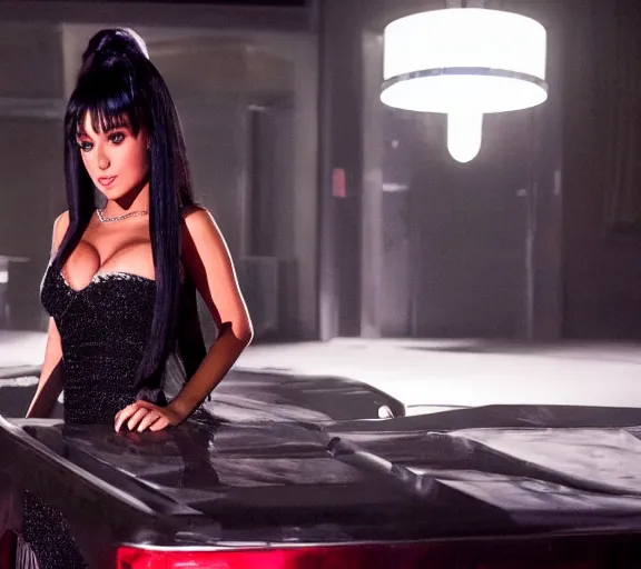 Image similar to a movie still of ariana grande as elvira in the movie scarface 2 0 4 9