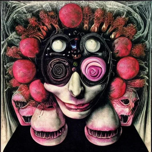 Image similar to post - punk new age album cover, magic, apocalypse, psychedelic, black white pink, magic, giger h. r., giuseppe arcimboldo