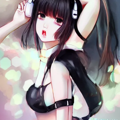 Image similar to realistic beautiful gorgeous buxom natural cute blushed shy girl Blackpink Lalisa Manoban black hair fur black cat ears, wearing white camisole, headphones, black leather choker artwork drawn full HD 4K highest quality in artstyle by professional artists WLOP, Taejune Kim, Guweiz, Aztodio on Pixiv Instagram Artstation