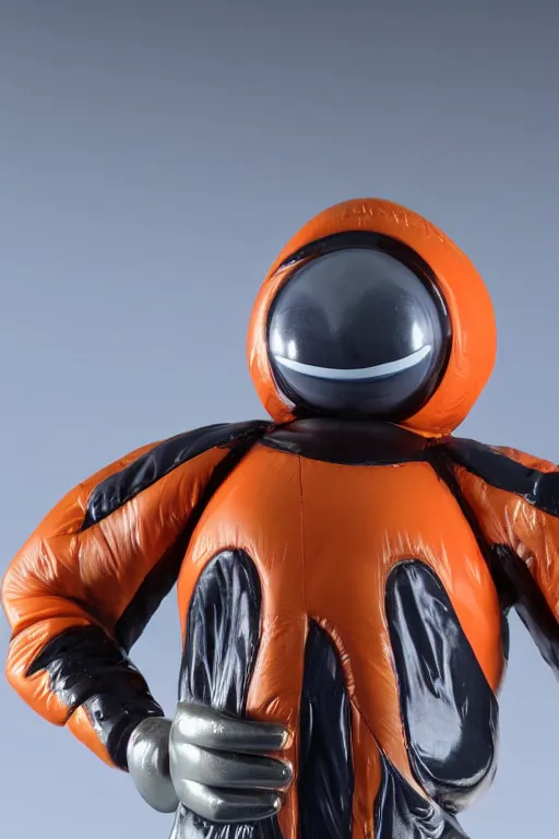 Prompt: still slander figurine of a tall giant inflated space man action figure wearing over sized orange puffy bomber jacket, long bendy arms, googly eyes, tareme eyes, small head, personification, dynamic pose, detailed product photo, tone mapped, beautiful composition, 8 5 mm, f 5. 8, soft lighting