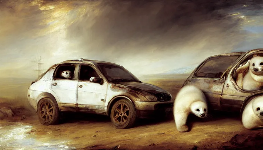 Prompt: highly detailed painting of cute furry white baby seals driving a car by william turner, by greg rutkowski, by william constable, thick brush strokes and visible paint layers, 4 k resolution