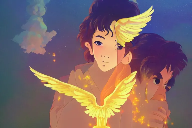 Image similar to a halfling with golden wings. 4 k digital paint by studio ghibli hayao miyazaki. vivid colours, vaporwave lighting style, intricate, very sharp and detailed. trending on artstation and behance.