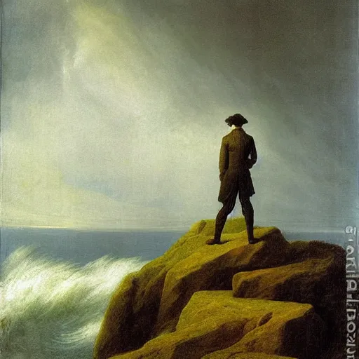 Image similar to man looking out over a stormy ocean, romanticism, by Caspar Friedrich