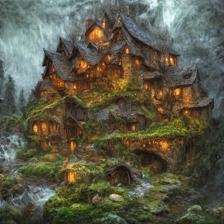 Prompt: inside a medieval hobbit home, ornate, beautiful, mist, smoke, chimney, rain, waterfall, melting, snow, creek, lush, ice, bridge, forest, flowers, concept art illustration, color page, 4 k, tone mapping, magic realism, josephine wall, huang guangjian, viktoria gavrilenko, amanda sage, trending on artstation