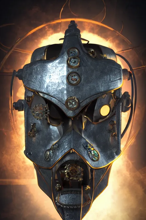 Image similar to steampunk mask minimalist fantasy art robot ninja helmet, global illumination ray tracing hdr fanart arstation by sung choi and eric pfeiffer and gabriel garza and casper konefal radiating a glowing aura