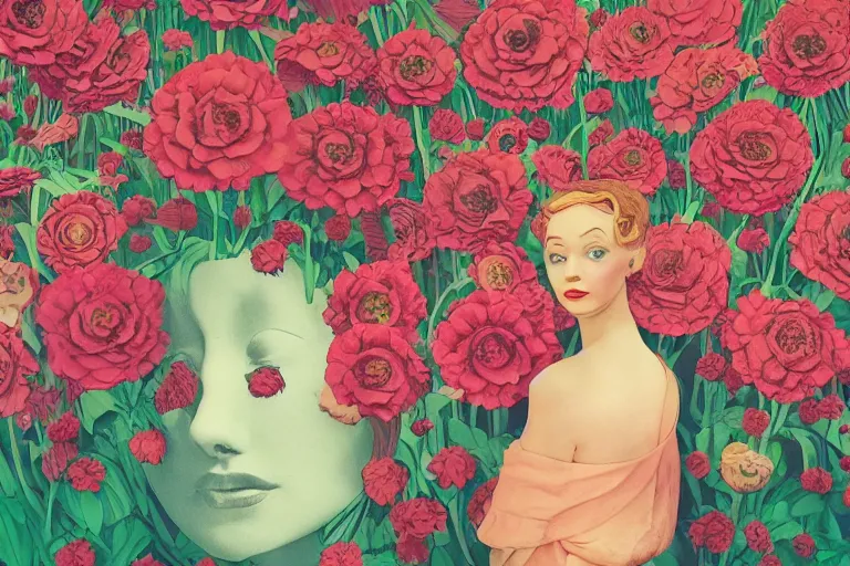 Prompt: giant flower head, girl in 1 9 6 0 room, surreal, symmetry, center, fanciful, hue, detailed, wes anderson