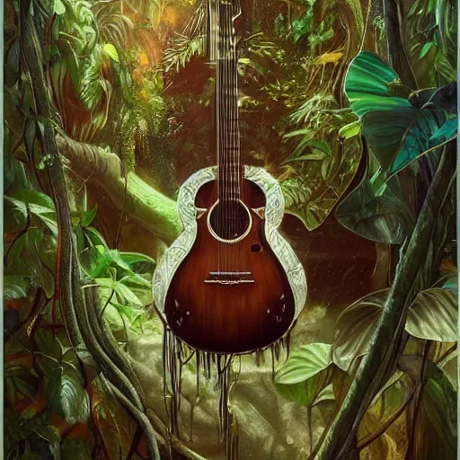 Prompt: A guitar hanging from vines, in the jungle, fantasy, intricate, elegant, highly detailed, digital painting, artstation, concept art, smooth, sharp focus, illustration, art by artgerm and greg rutkowski and alphonse mucha