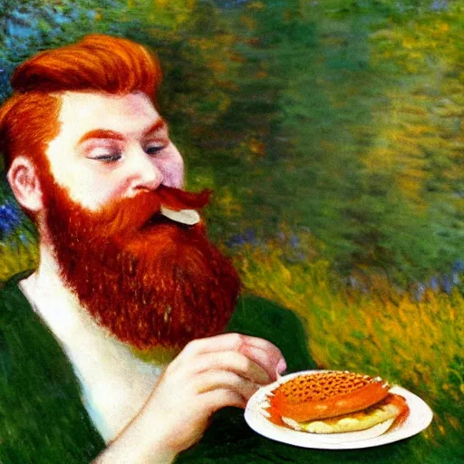 Image similar to ginger young handsome man with beard eating hamburger happily by monet