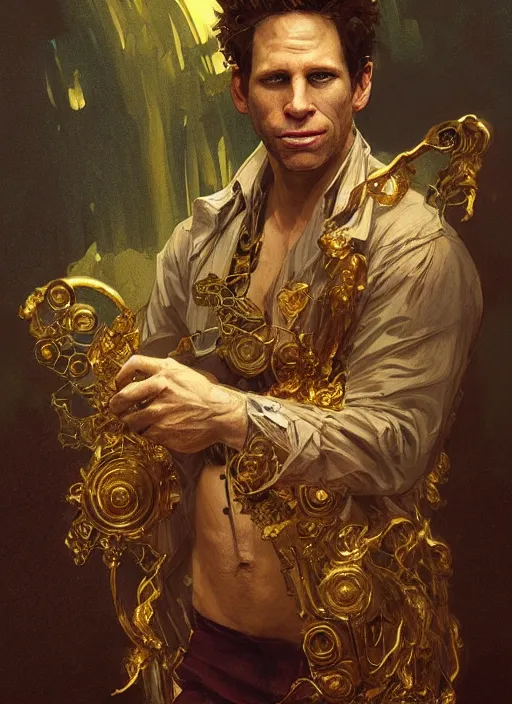 Prompt: Glenn Howerton as the Golden God, intricate, highly detailed, digital painting, artstation, concept art, sharp focus, illustration, art by greg rutkowski and alphonse mucha