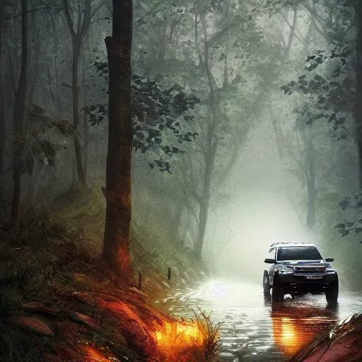 Image similar to a landrover crossing a forest path while its raining, digital art, artstation, photgraphy, highly detailed, digital painting, artstation, concept art, sharp focus, illustration, art by greg rutkowski and artgerm