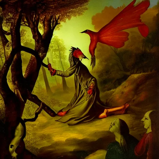 Image similar to Blood mage with capercaillie's head casting a spell in dark, mossy woods. Baroque era oil painting.