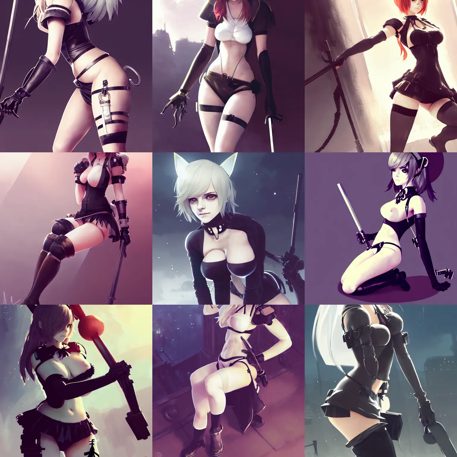 Prompt: attractive Emma Watson as 2B from Nier Automata and Yoko Littner , kneeling , cat ears , collar , hourglass slim figure , close up , seductive smile , kneeling and looking up , details, sharp focus , illustration , by Jordan Grimmer and greg rutkowski , robert mapplethorpe , Trending artstation , pixiv , digital Art