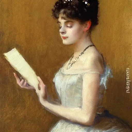 Image similar to victorian girl in ball gown absent - mind looking at her dance card, painting by alfred stevens