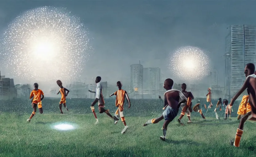 Prompt: young boys from africa playing football and a spiral - shaped white luminous attractor is floating on the horizon in soviet city, concept art, art for the game, professional lighting