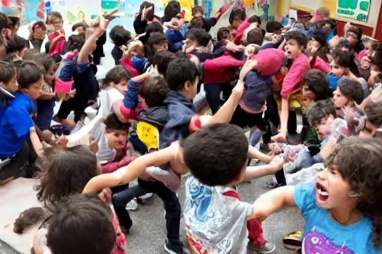 Image similar to angry mob of children violently protesting kindergarden food