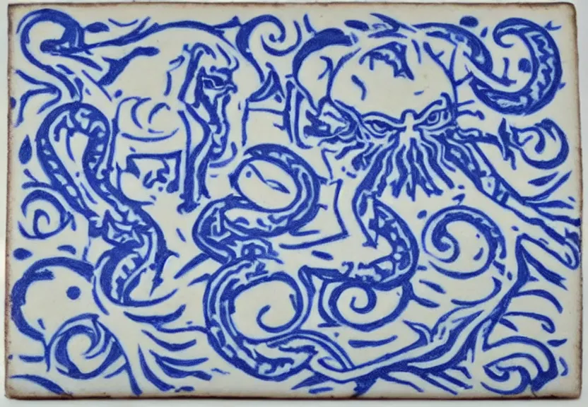 Image similar to azulejo blue and white painted tile art of robed culstists kneeling before cthulhu