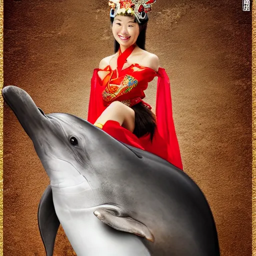 Image similar to a beautiful Chinese princess riding a dolphin, advertising photography, realistic photo, studio light